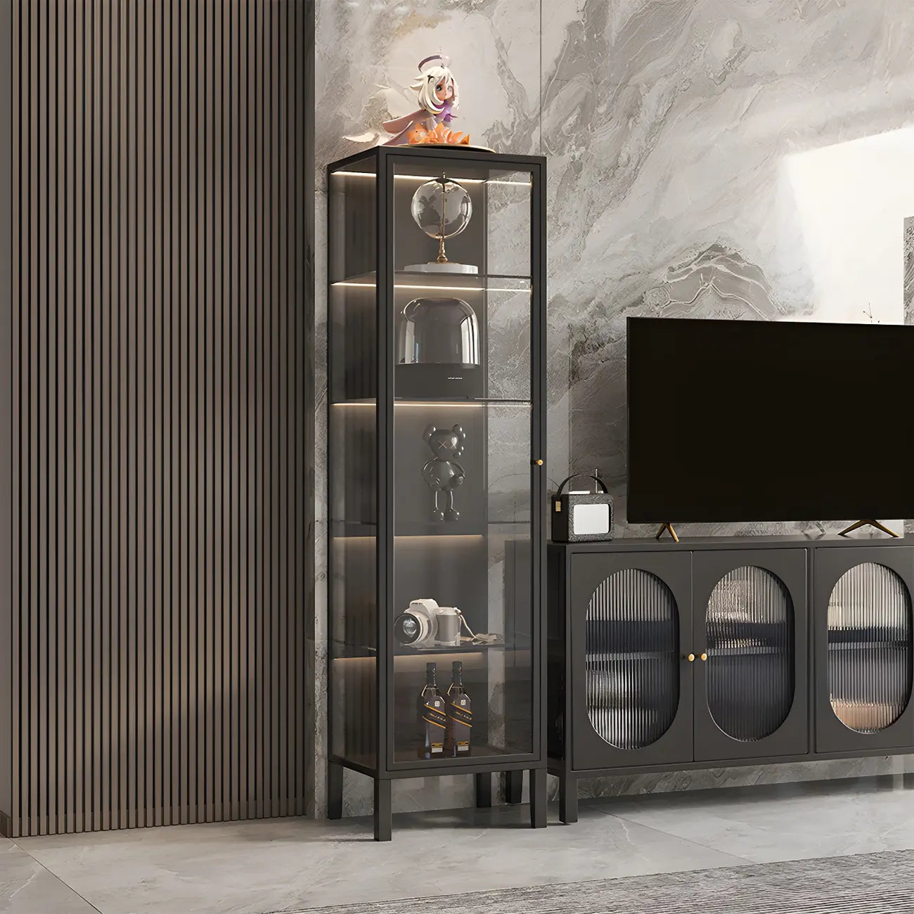 Living Room White Metal Frame Glass Doors Display Cabinet