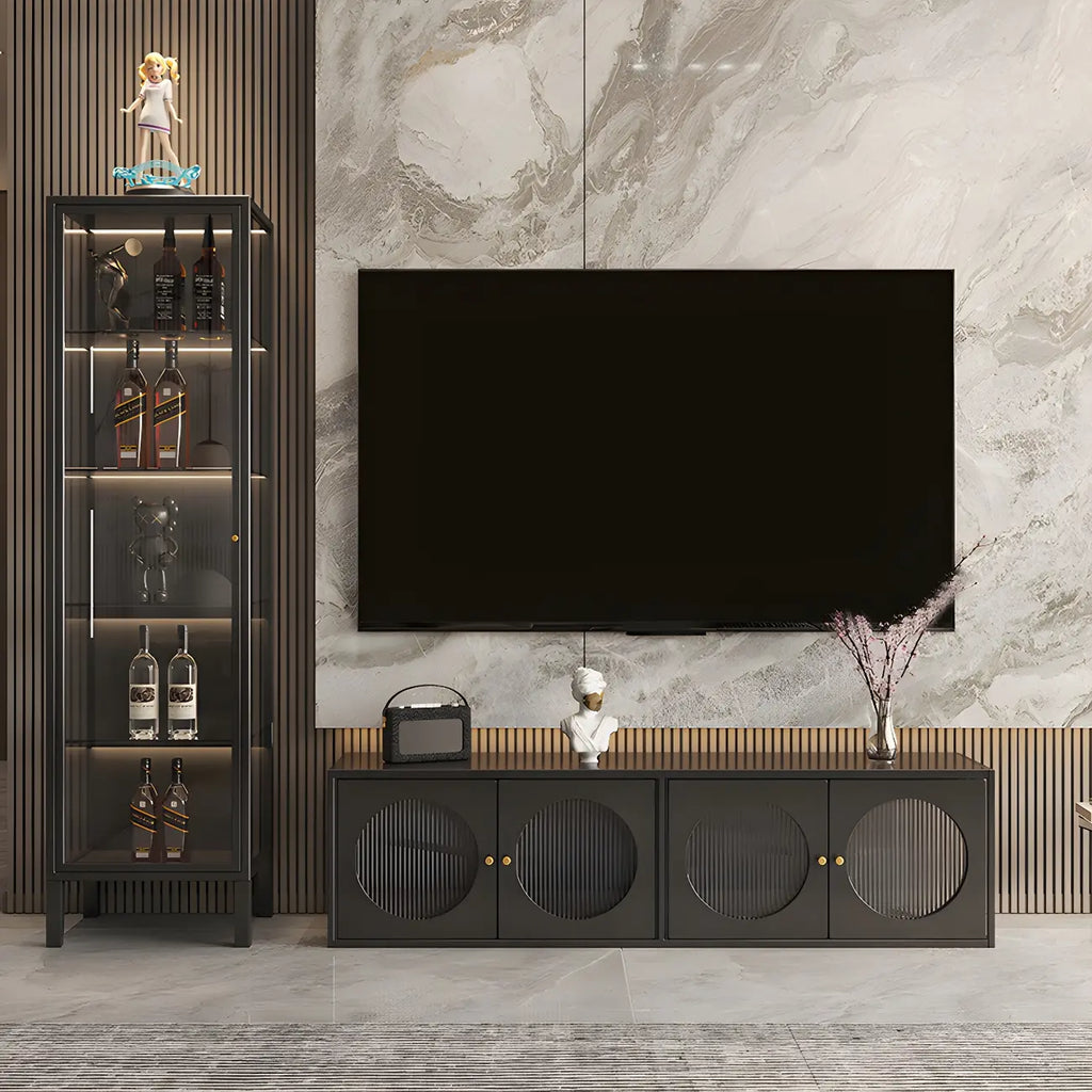 Living Room White Metal Frame Glass Doors Display Cabinet