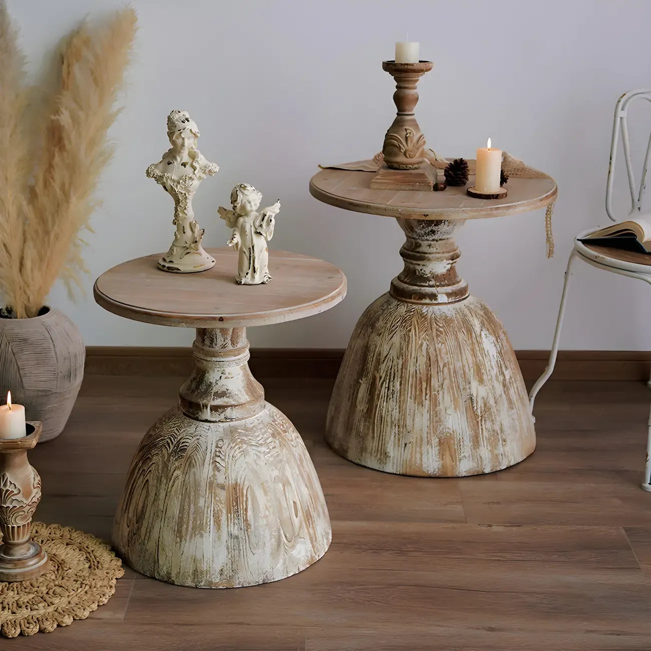 Rustic Natural Wood Pedestal Round Side Table for Living Room