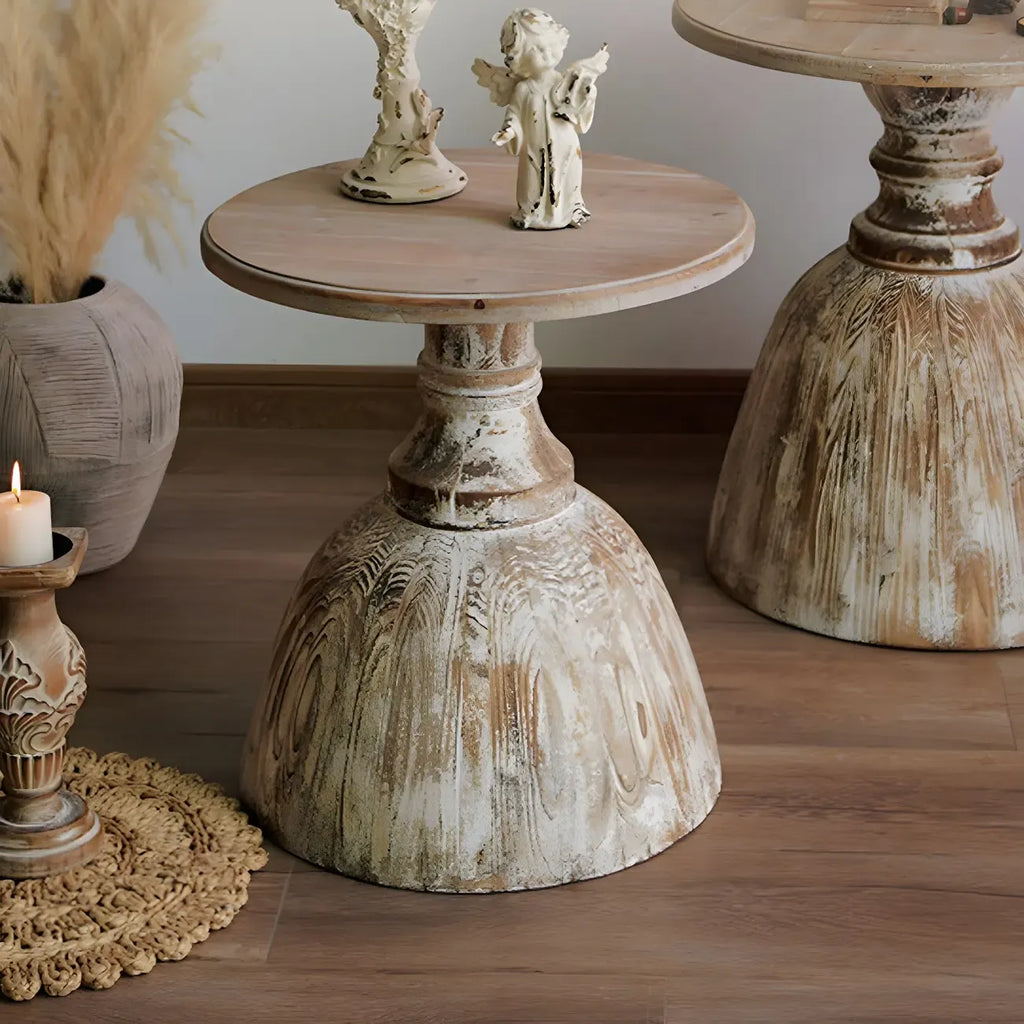 Rustic Natural Wood Pedestal Round Side Table for Living Room
