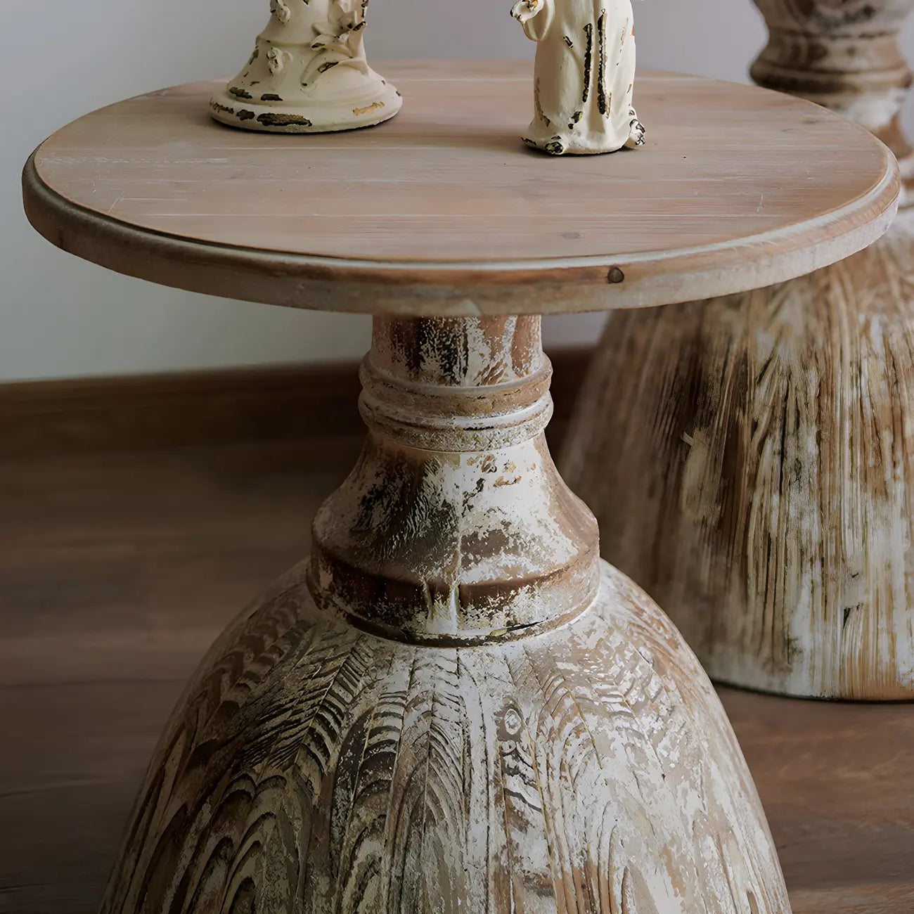 Rustic Natural Wood Pedestal Round Side Table for Living Room