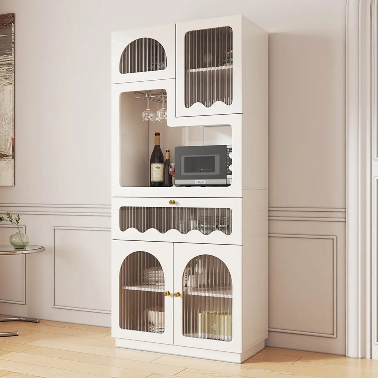 Tall White MDF Fluted Glass Doors Wine storage Sideboard