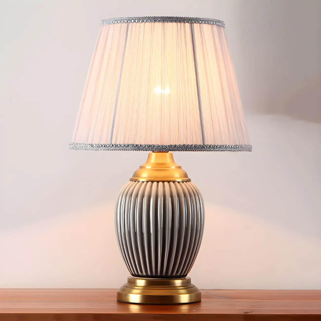 Elegant Barrel Fabric Shade Ceramic Table Lamp for Bedroom