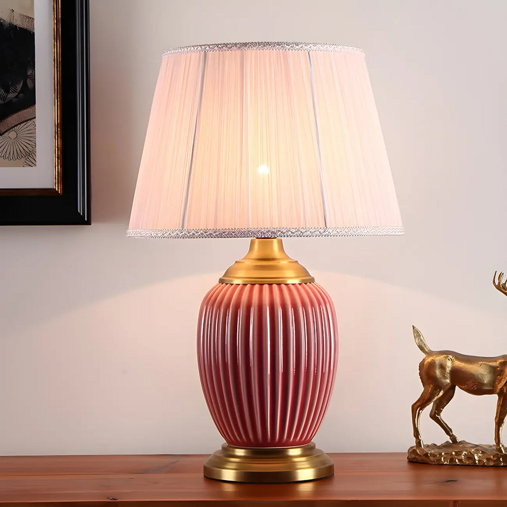 Elegant Barrel Fabric Shade Ceramic Table Lamp for Bedroom