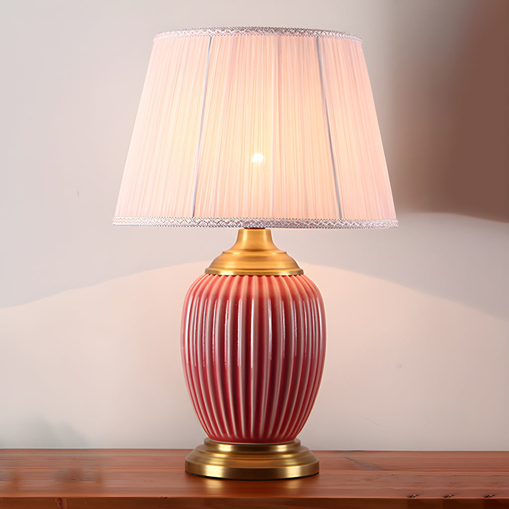 Elegant Barrel Fabric Shade Ceramic Table Lamp for Bedroom