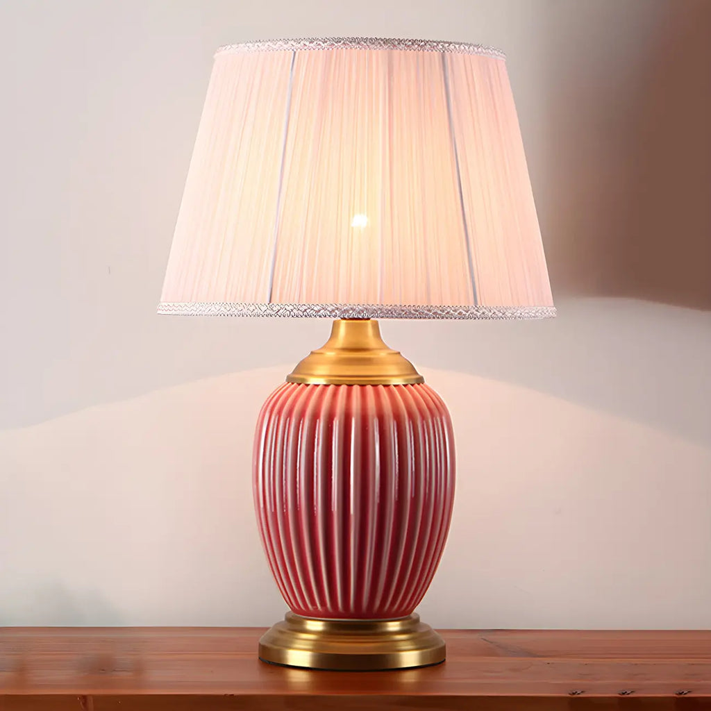 Elegant Barrel Fabric Shade Ceramic Table Lamp for Bedroom