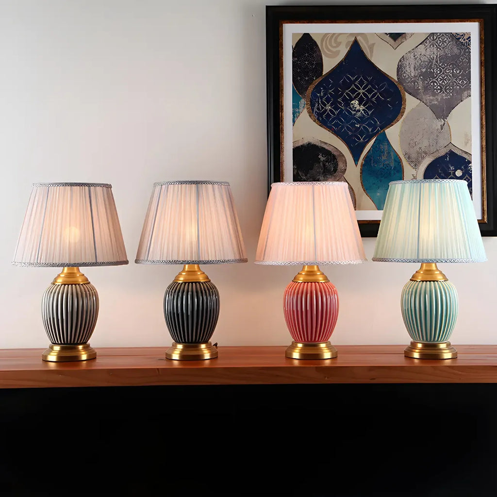 Elegant Barrel Fabric Shade Ceramic Table Lamp for Bedroom