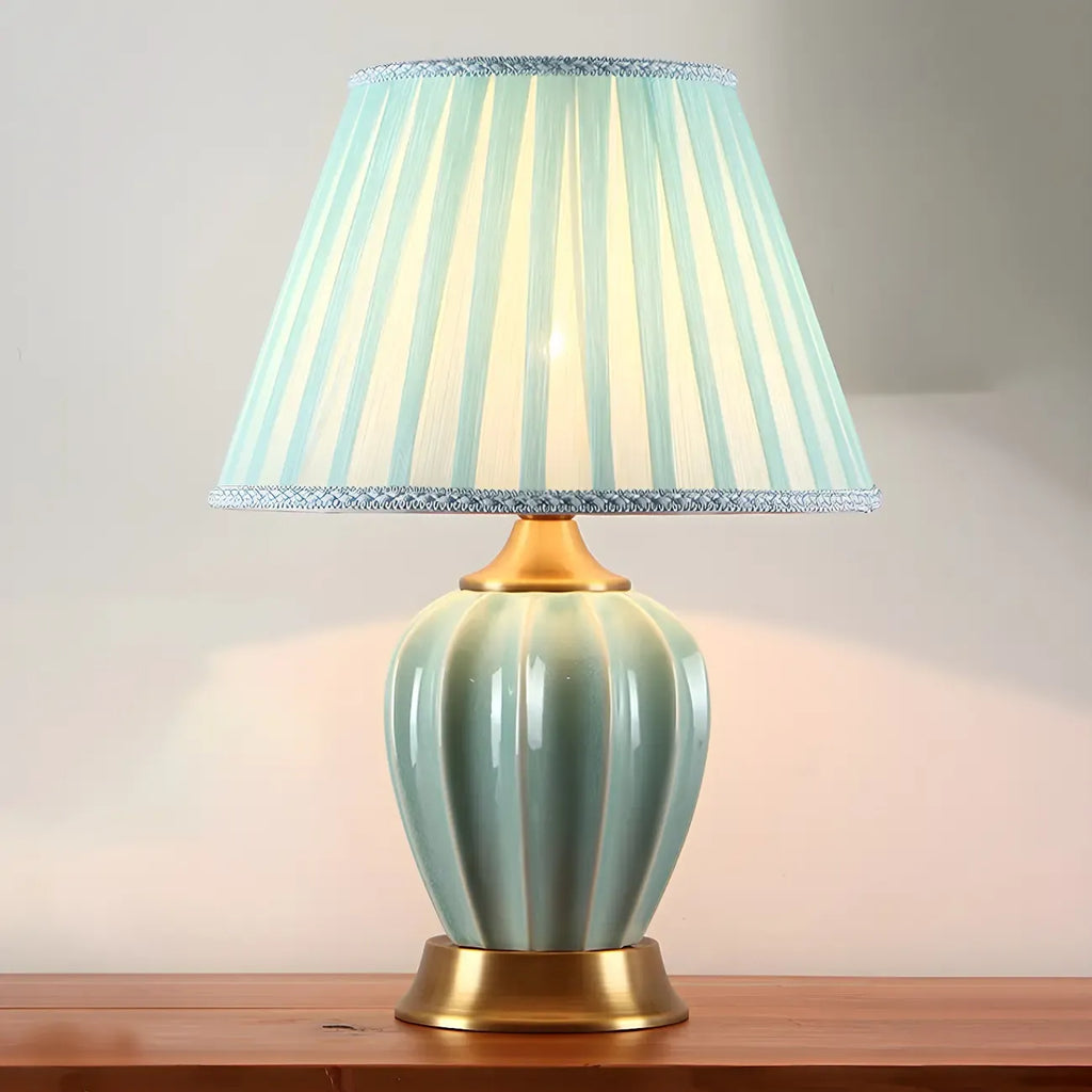 Elegant Barrel Fabric Shade Ceramic Table Lamp for Bedroom