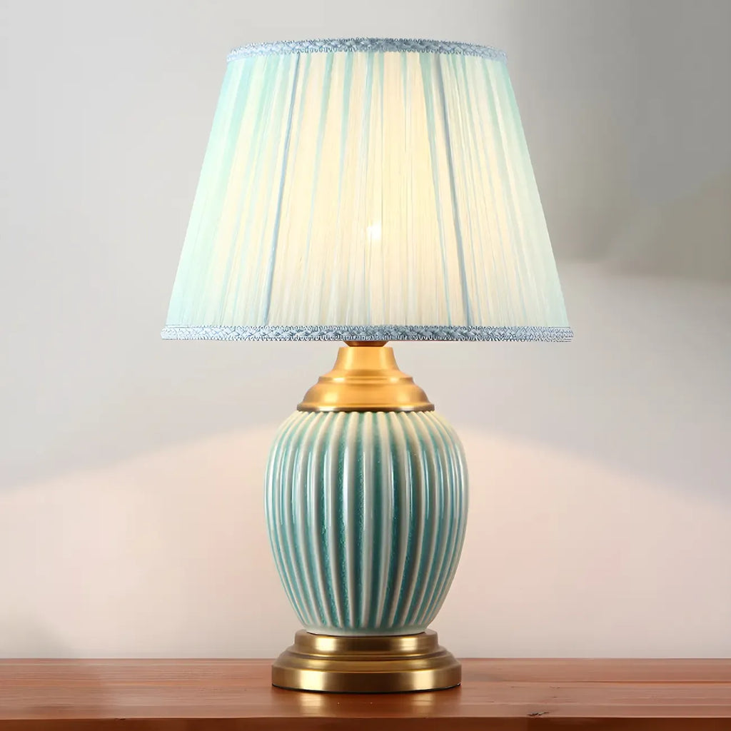 Elegant Barrel Fabric Shade Ceramic Table Lamp for Bedroom