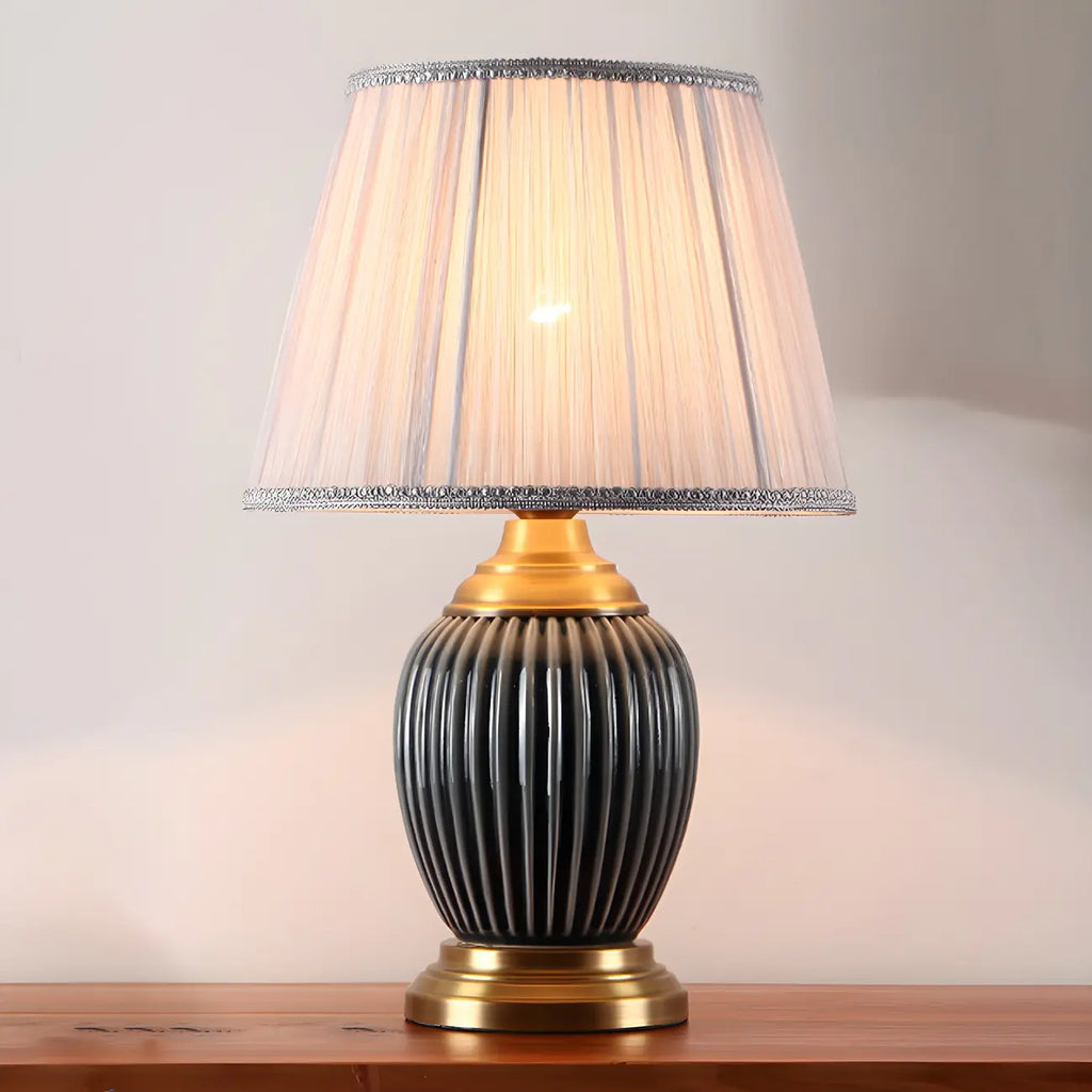 Elegant Barrel Fabric Shade Ceramic Table Lamp for Bedroom