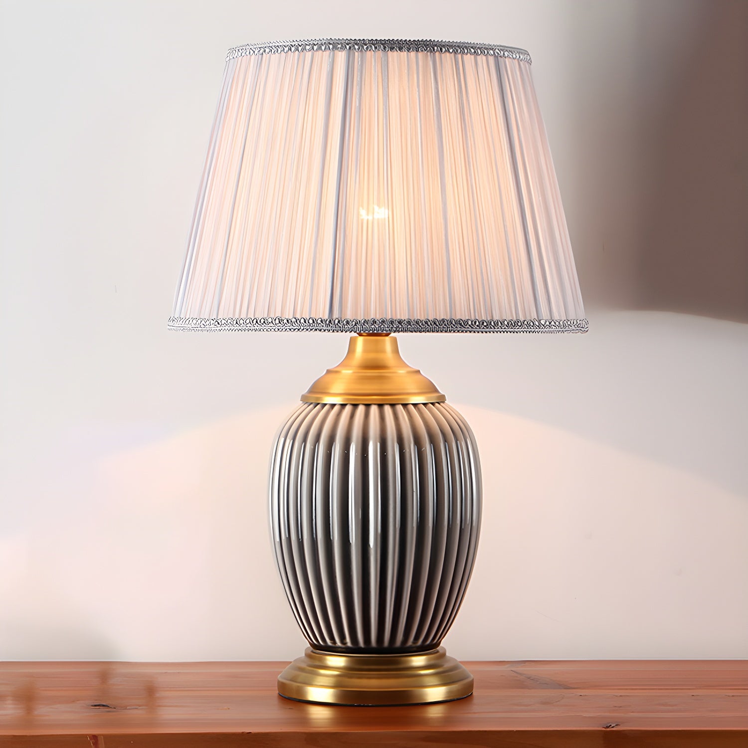 Elegant Barrel Fabric Shade Ceramic Table Lamp for Bedroom
