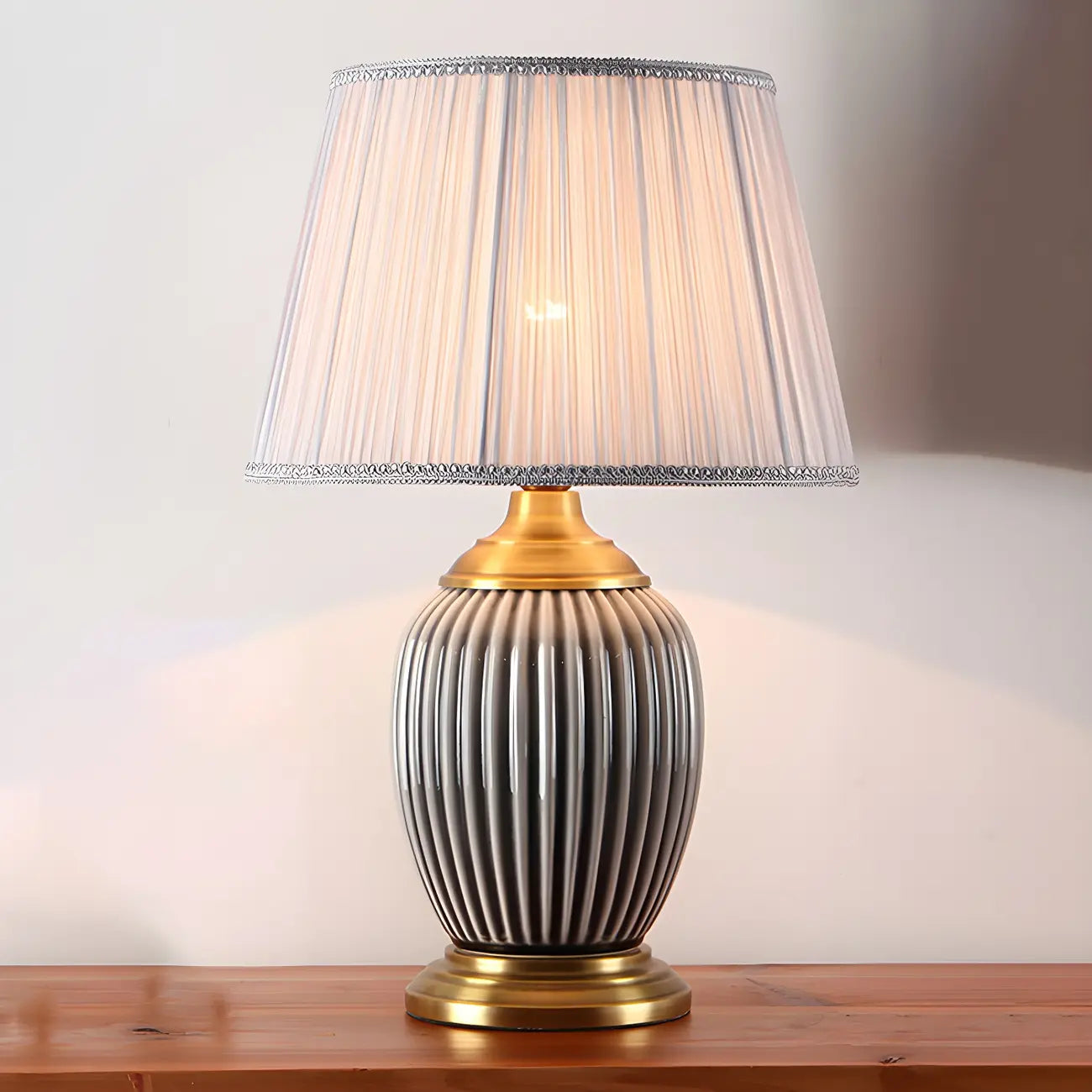 Elegant Barrel Fabric Shade Ceramic Table Lamp for Bedroom