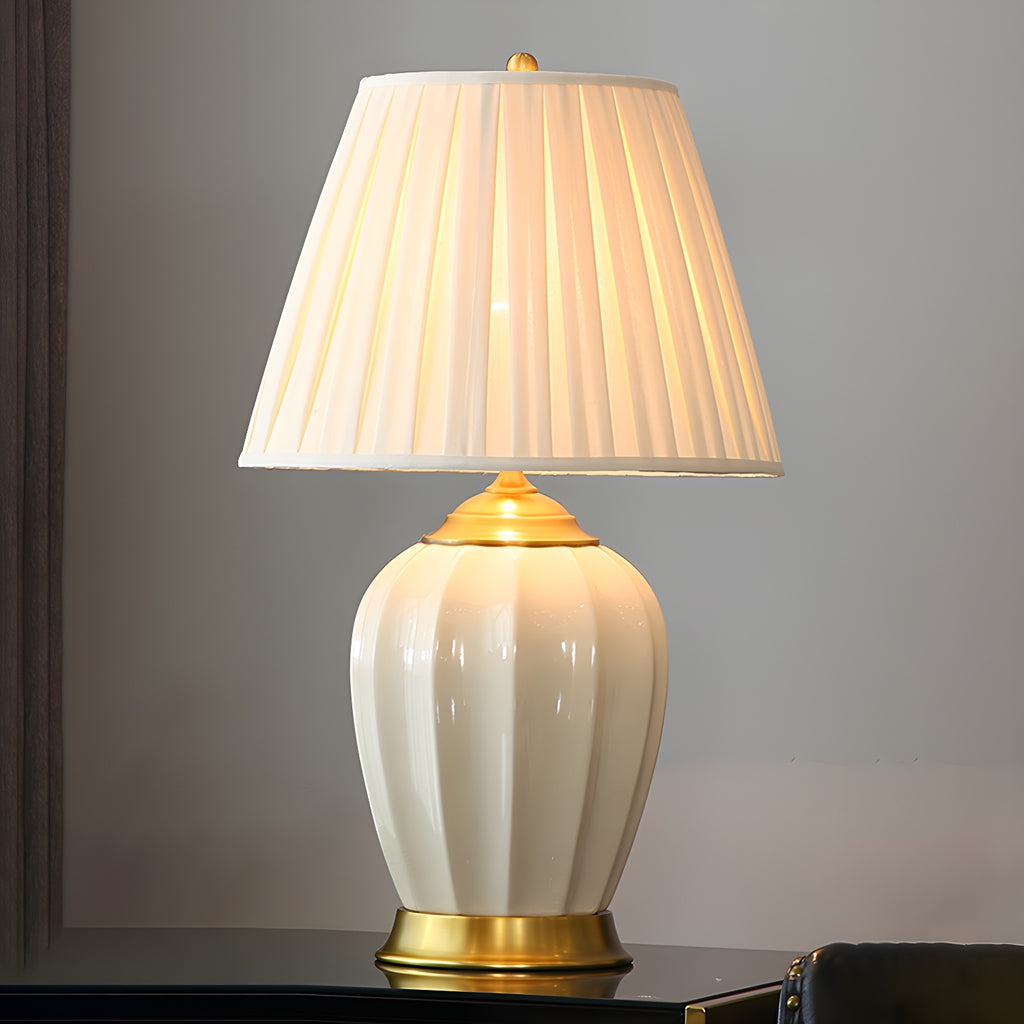 Elegant Barrel Fabric Shade Ceramic Table Lamp for Bedroom