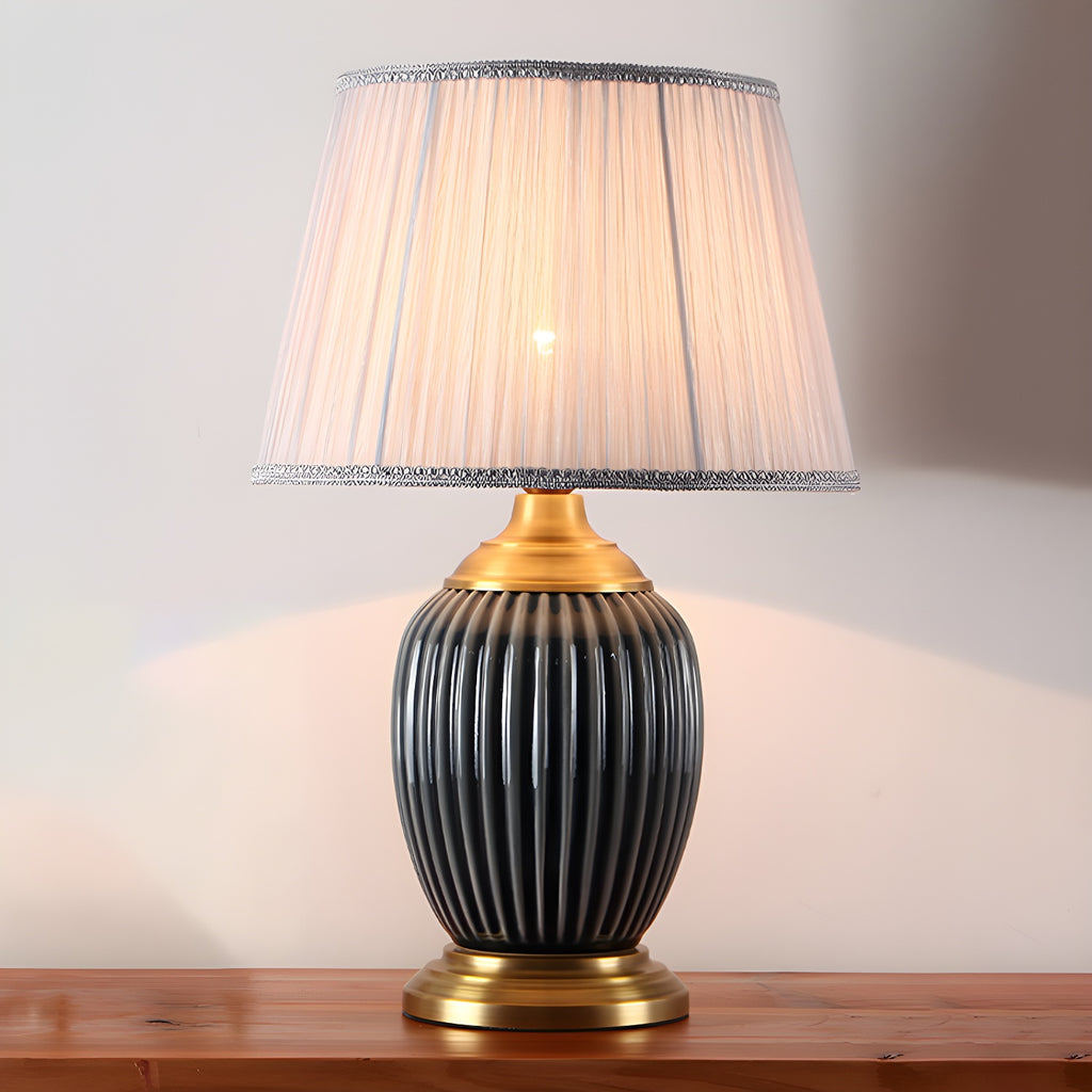 Elegant Barrel Fabric Shade Ceramic Table Lamp for Bedroom