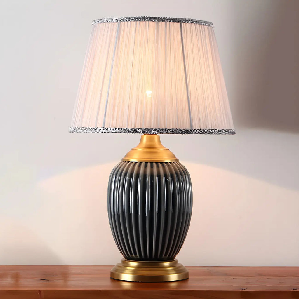 Elegant Barrel Fabric Shade Ceramic Table Lamp for Bedroom