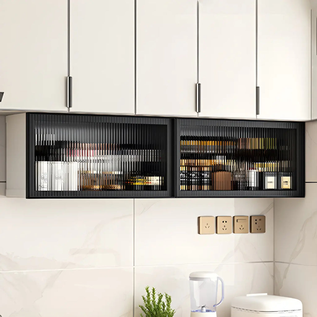 Grey Metal Floating Mounted Glass Kitchen China Cabinet
