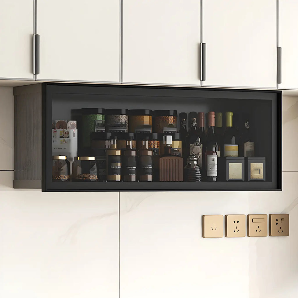 Grey Metal Floating Mounted Glass Kitchen China Cabinet