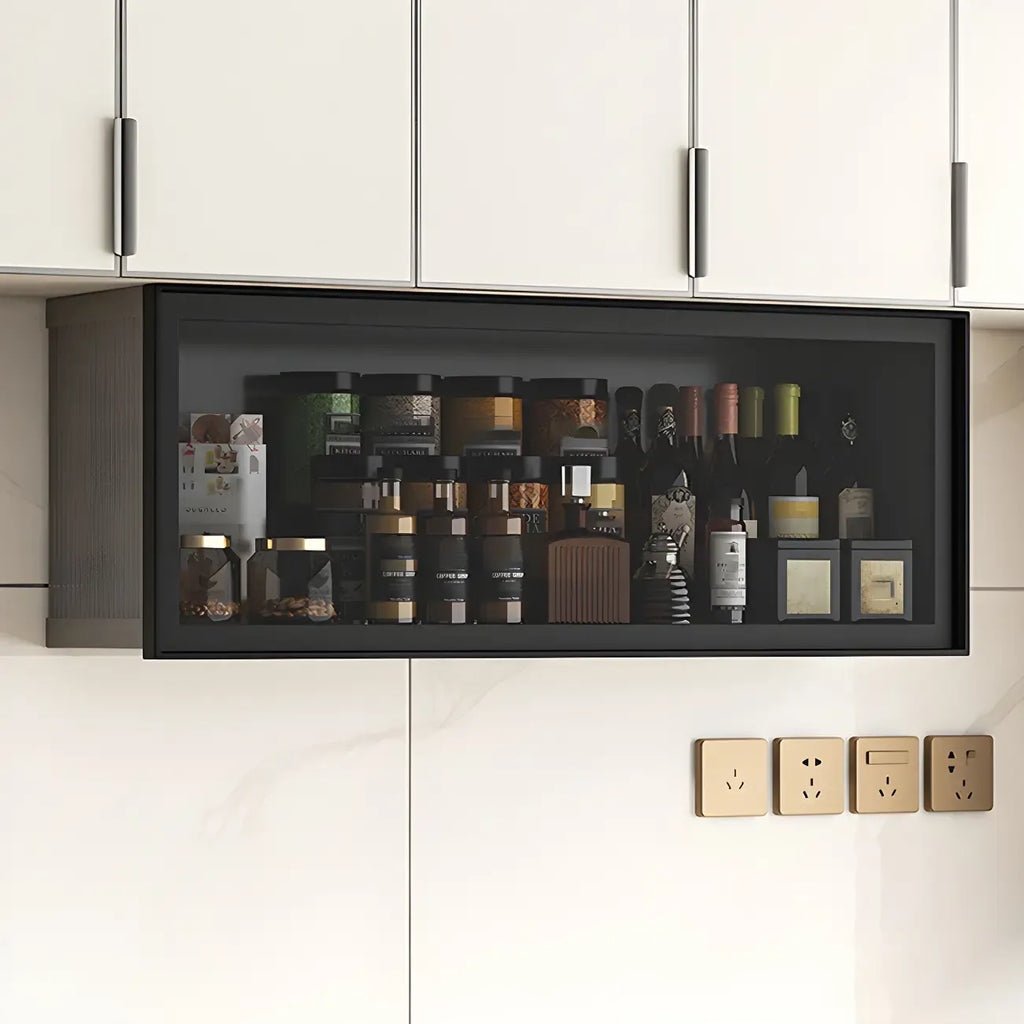 Grey Metal Floating Mounted Glass Kitchen China Cabinet