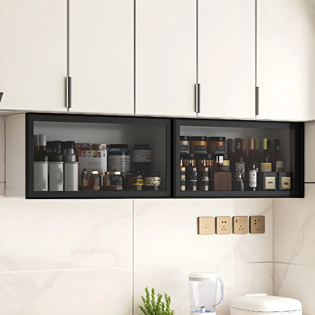 Grey Metal Floating Mounted Glass Kitchen China Cabinet