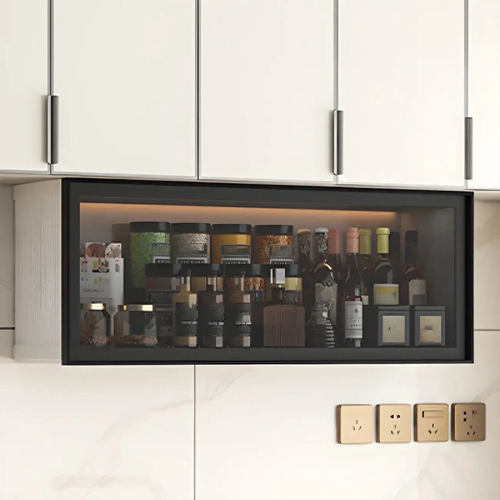 Grey Metal Floating Mounted Glass Kitchen China Cabinet