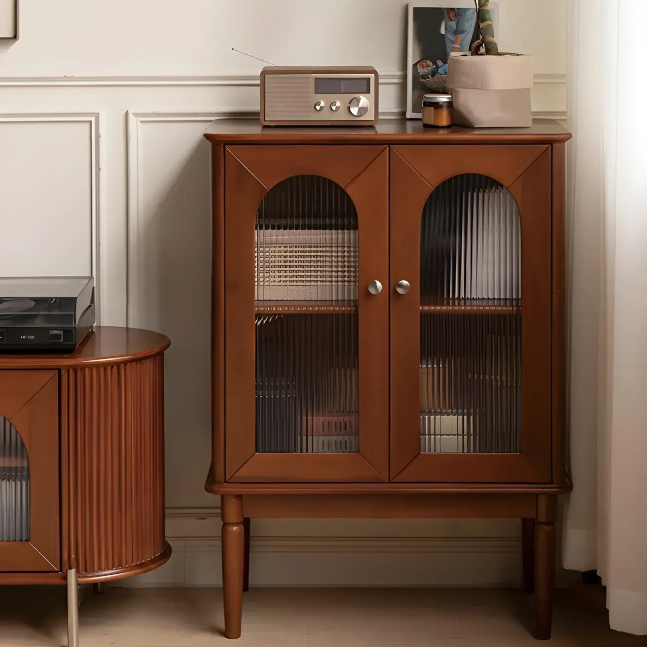 Brown Wood Glass Door Short China Cabinet with Light