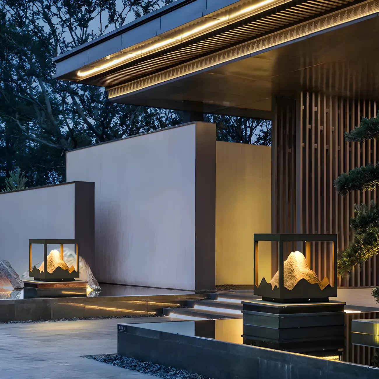 Mountain Silhouette Warm Light Outdoor Post Lights