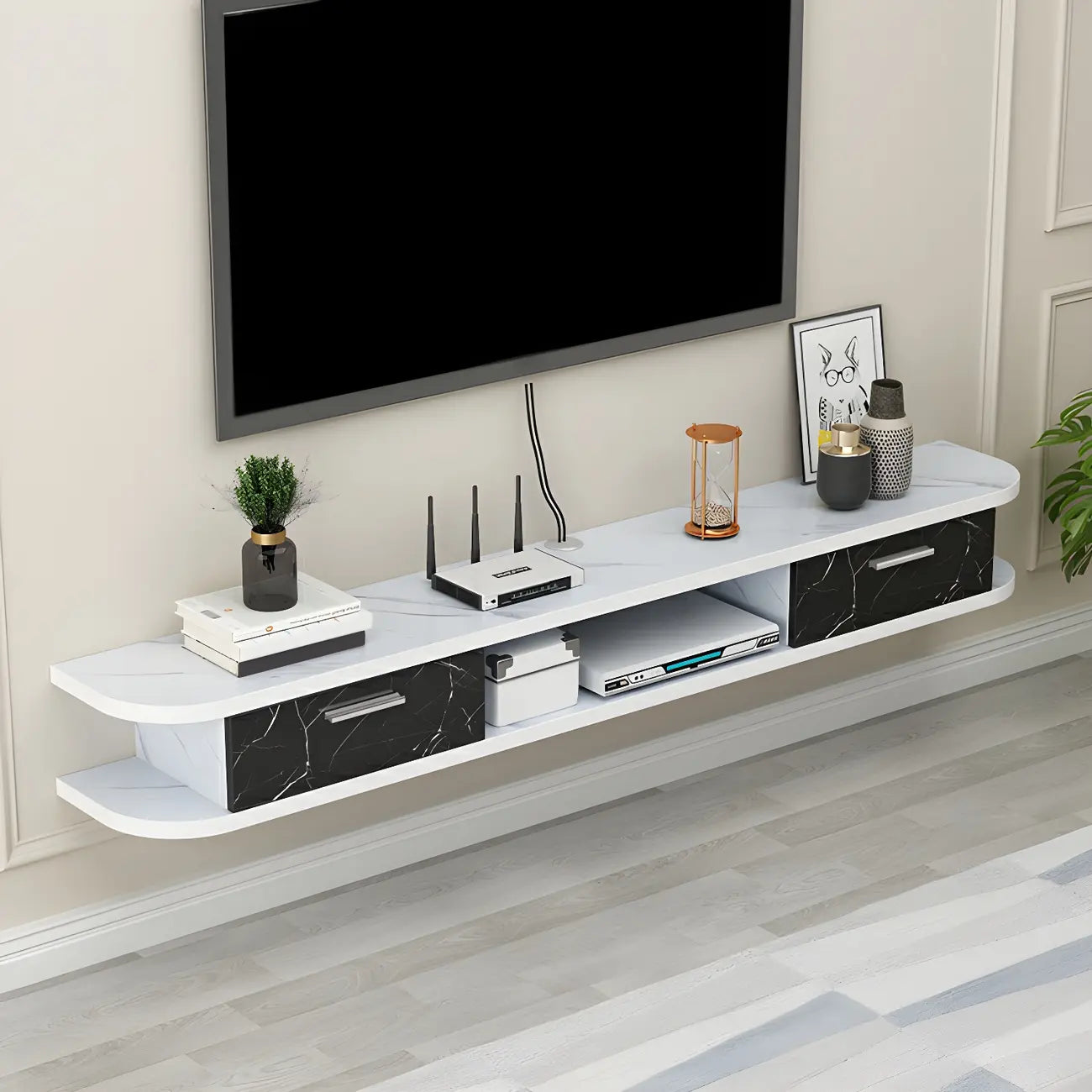 Contemporary Floating Wood Open Storage TV Stand Black