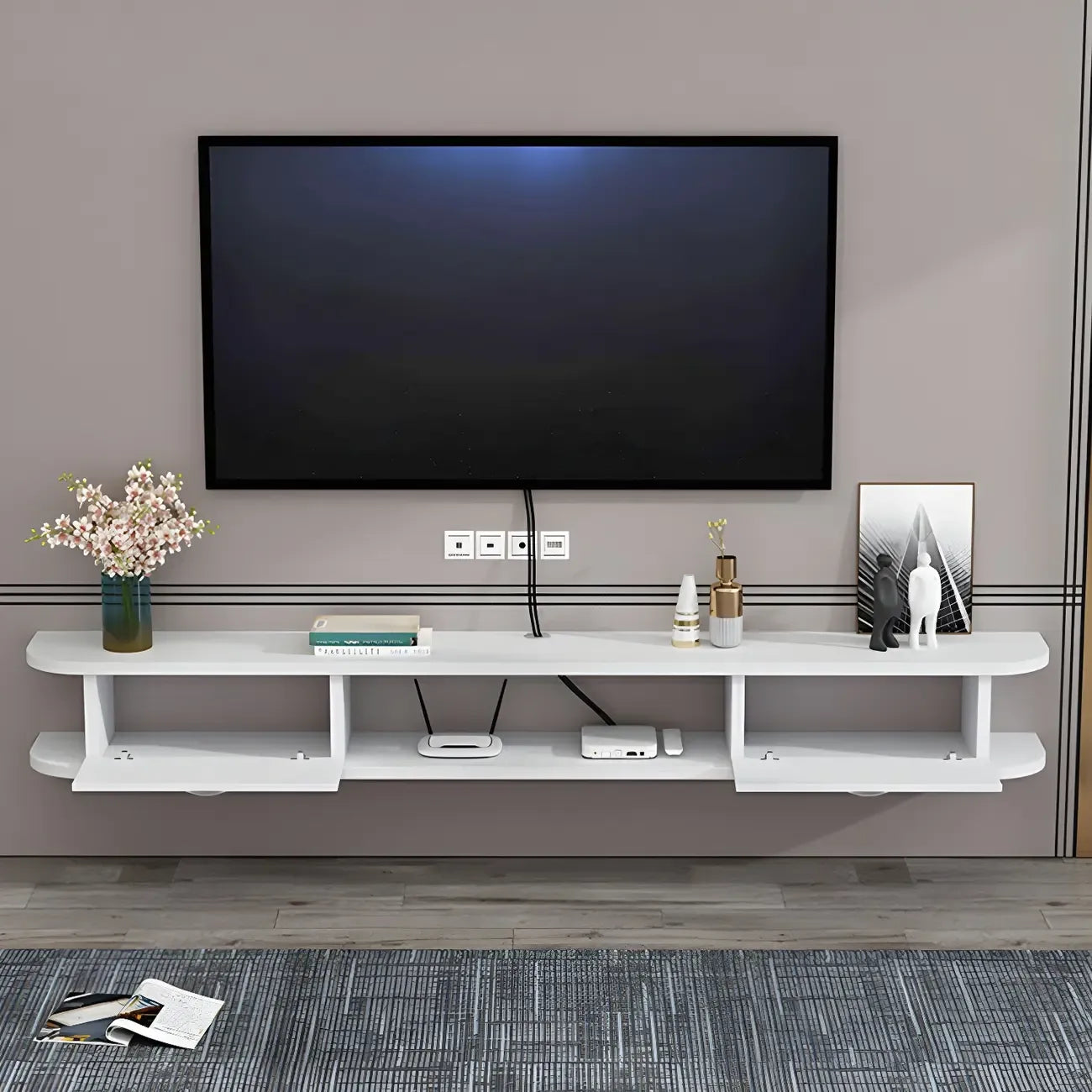 Contemporary Floating Wood Open Storage TV Stand Black