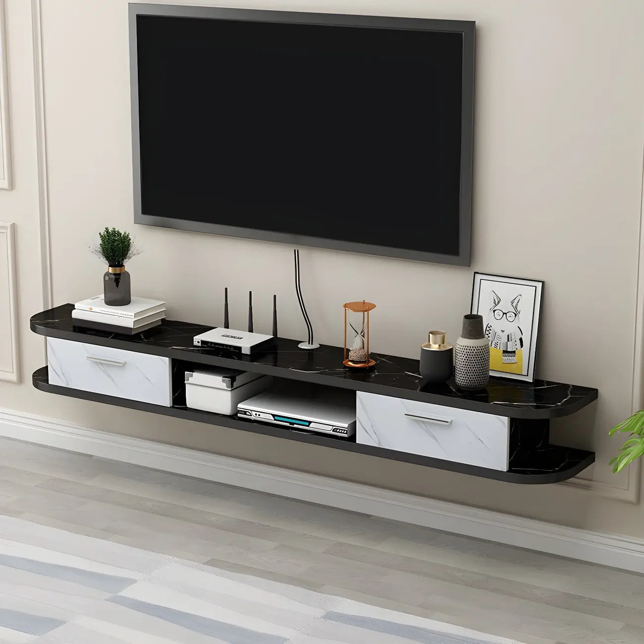 Contemporary Floating Wood Open Storage TV Stand Black