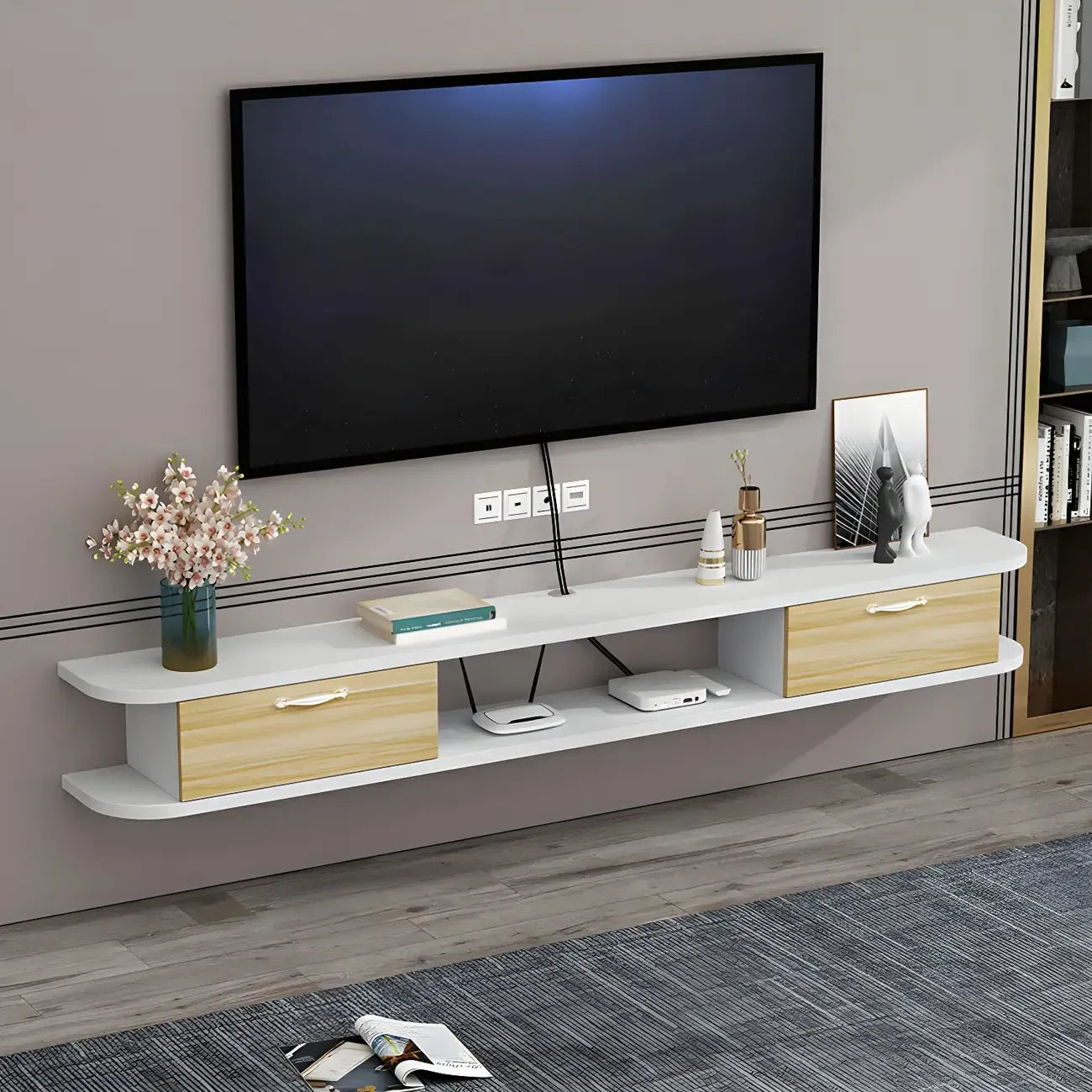 Contemporary Floating Wood Open Storage TV Stand Black