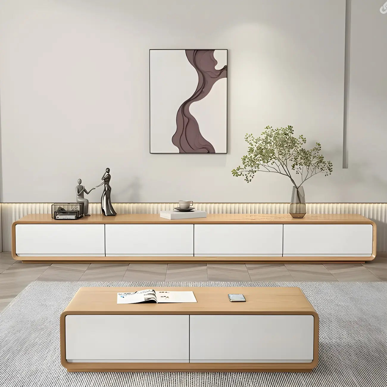 79 Natural Wood Long Floating TV Stand with Drawers