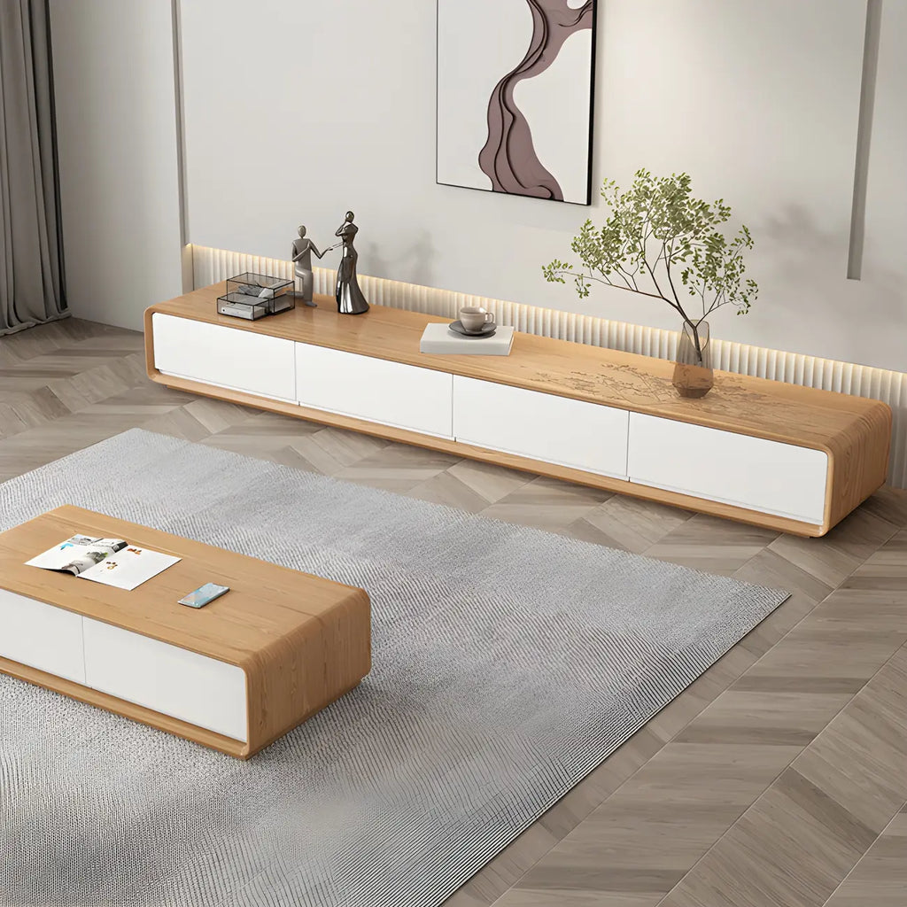 79 Natural Wood Long Floating TV Stand with Drawers