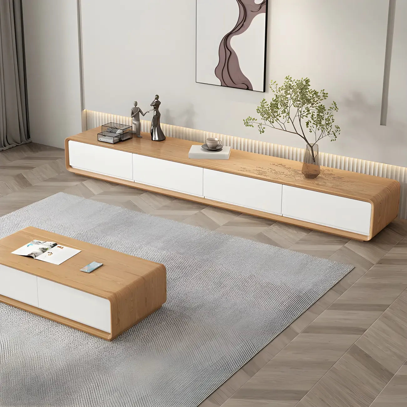 79 Natural Wood Long Floating TV Stand with Drawers