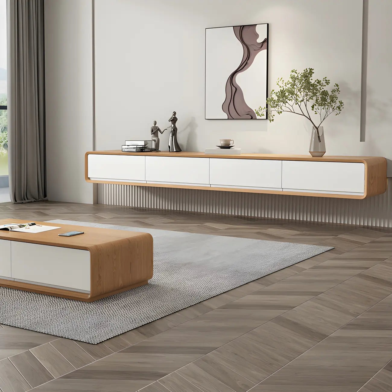 79 Natural Wood Long Floating TV Stand with Drawers