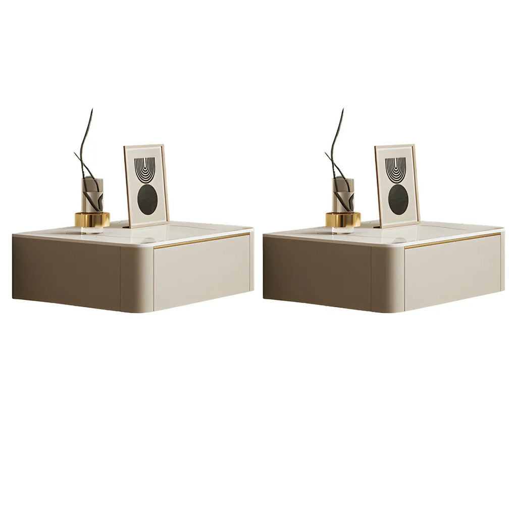 Low Beige Leather Stone Top Floating Nightstand with Drawer
