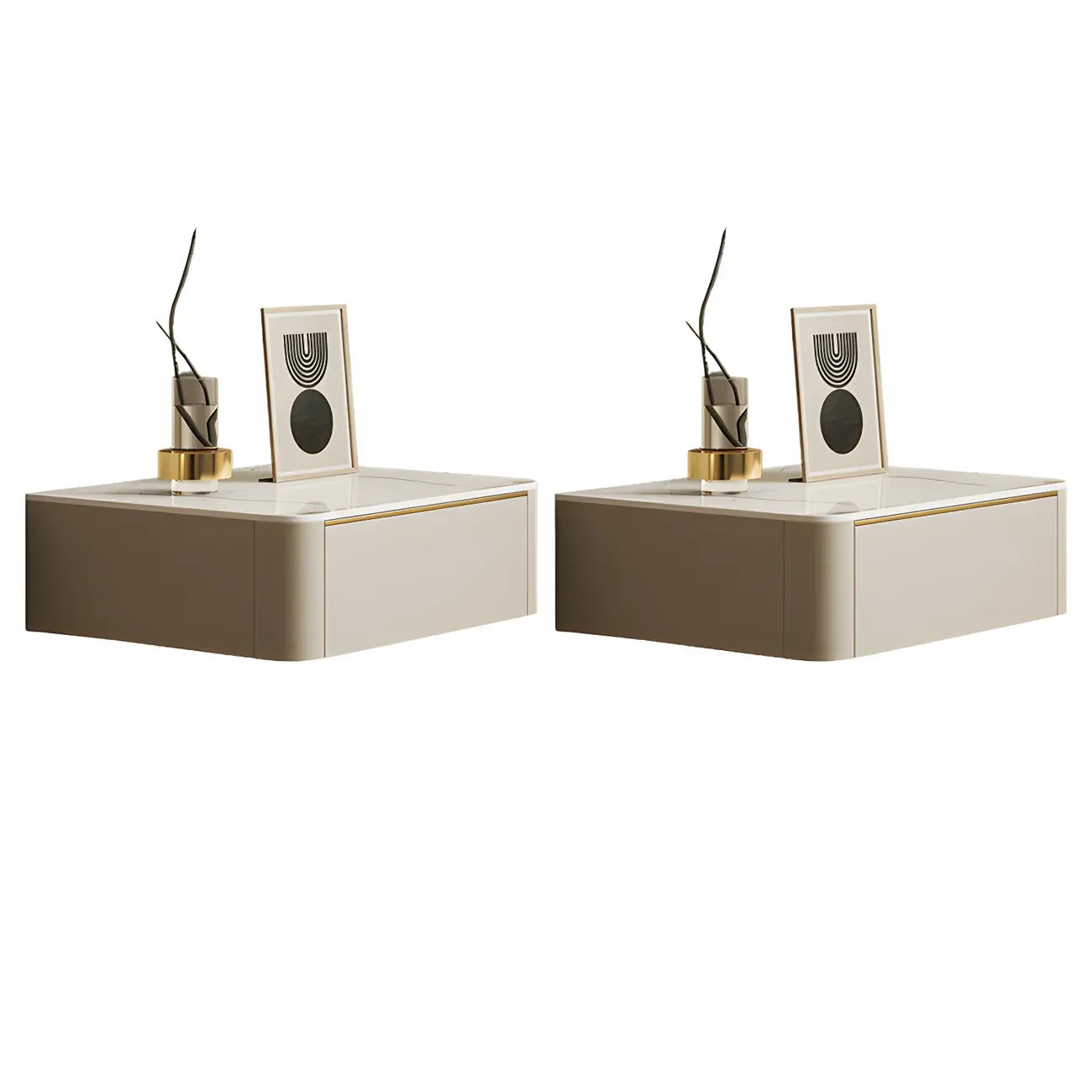 Low Beige Leather Stone Top Floating Nightstand with Drawer