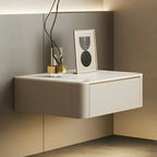 Low Beige Leather Stone Top Floating Nightstand with Drawer