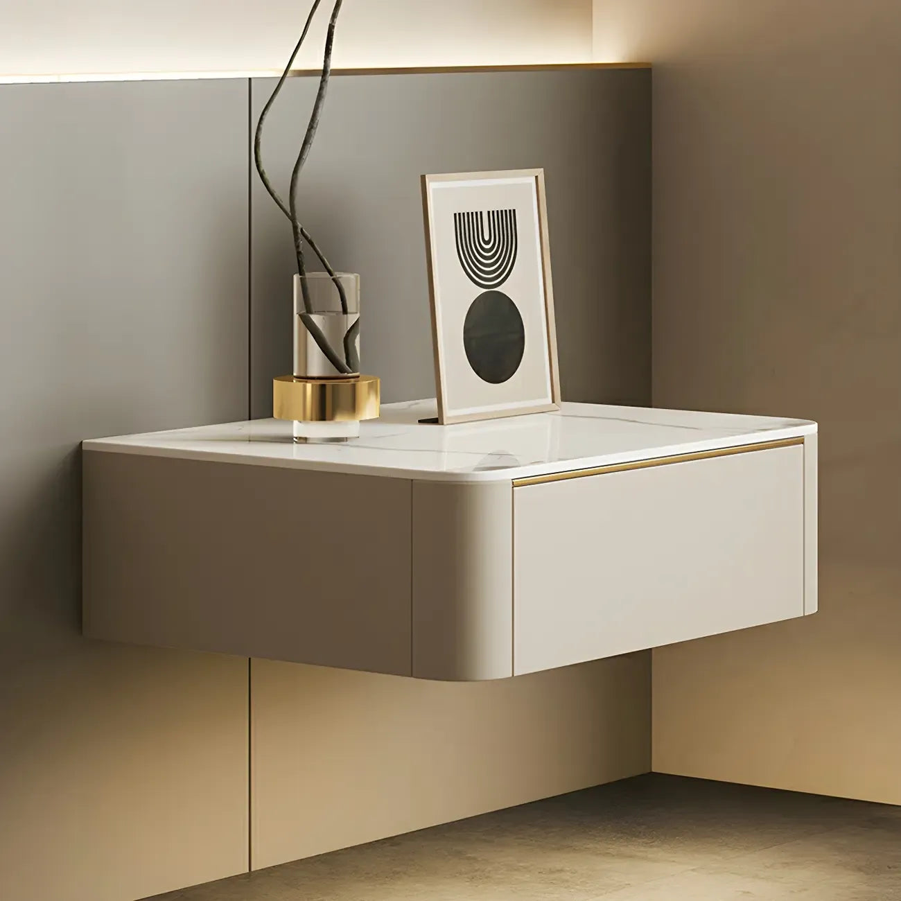 Low Beige Leather Stone Top Floating Nightstand with Drawer
