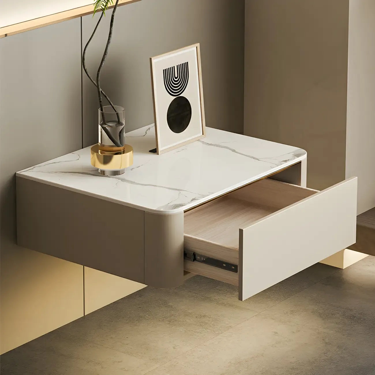 Low Beige Leather Stone Top Floating Nightstand with Drawer