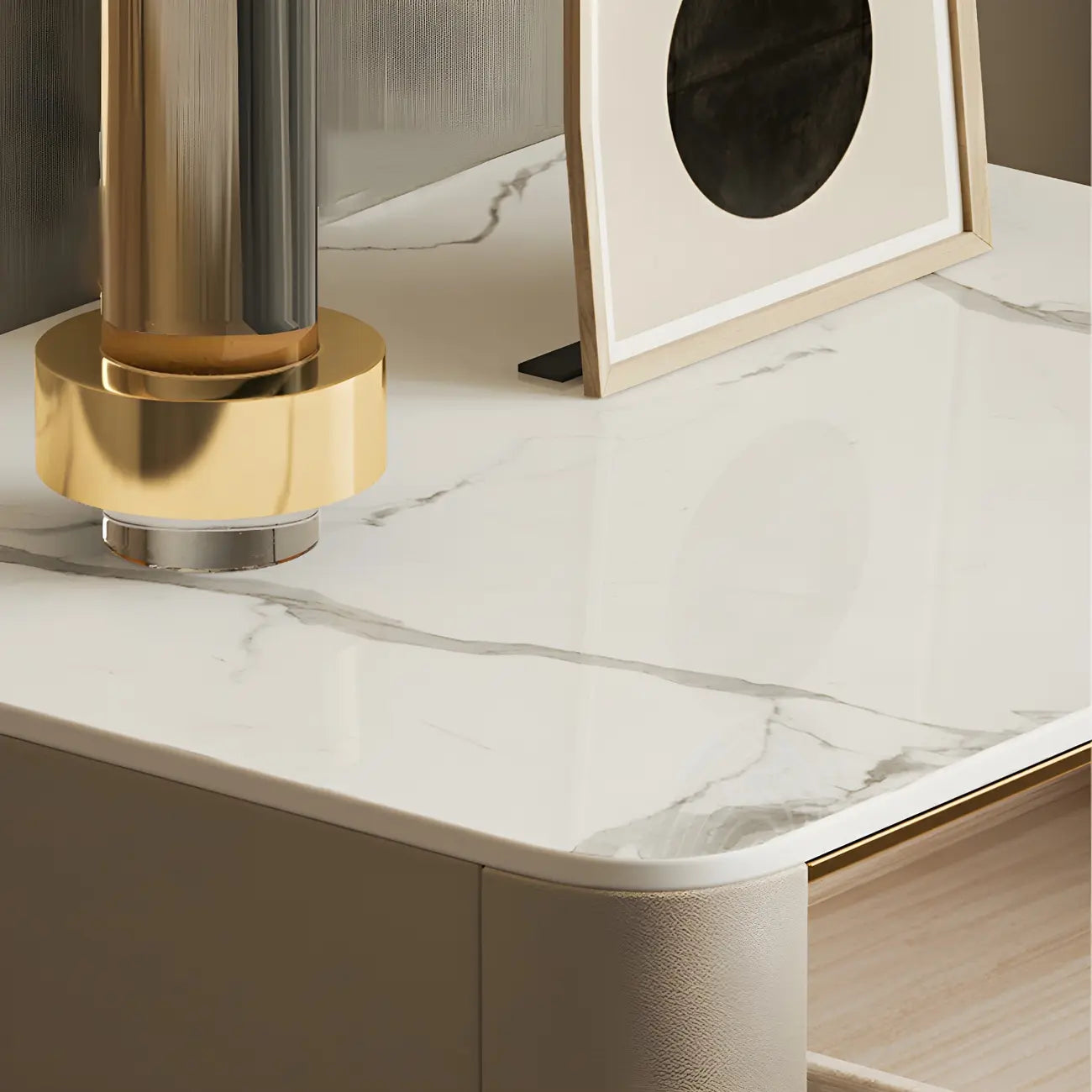 Low Beige Leather Stone Top Floating Nightstand with Drawer