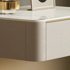Low Beige Leather Stone Top Floating Nightstand with Drawer