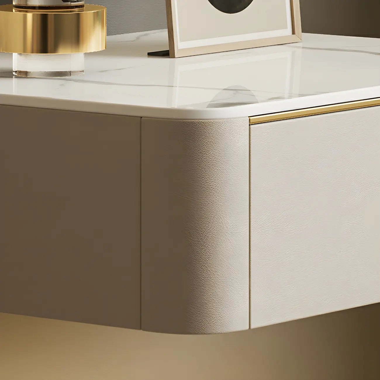 Low Beige Leather Stone Top Floating Nightstand with Drawer
