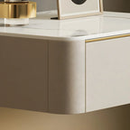 Low Beige Leather Stone Top Floating Nightstand with Drawer