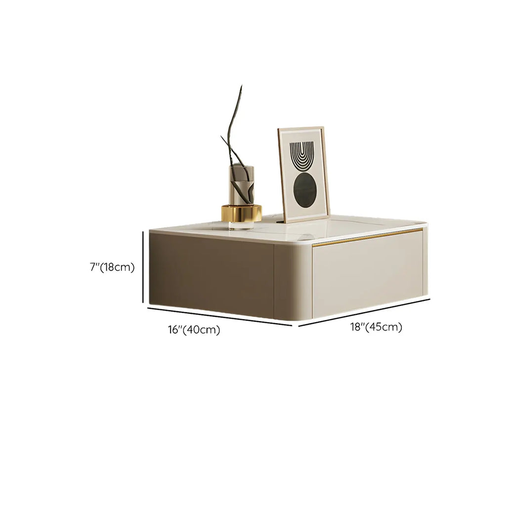 Low Beige Leather Stone Top Floating Nightstand with Drawer