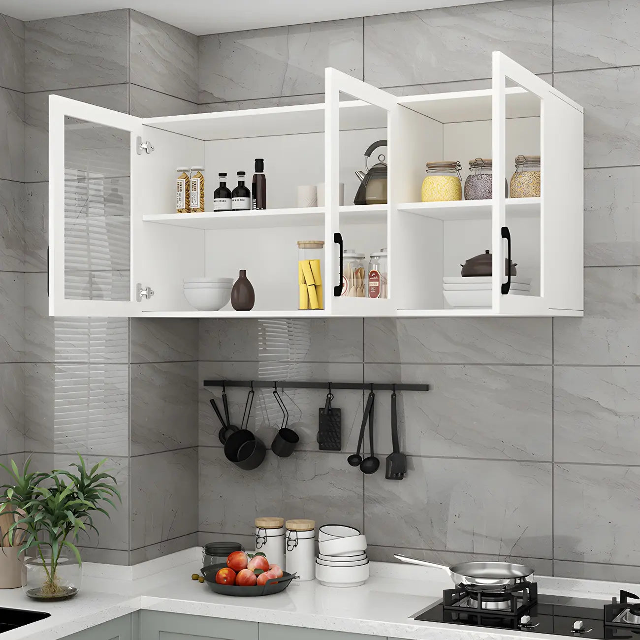White Rectangular Wall-Mounted Wood China Cabinet