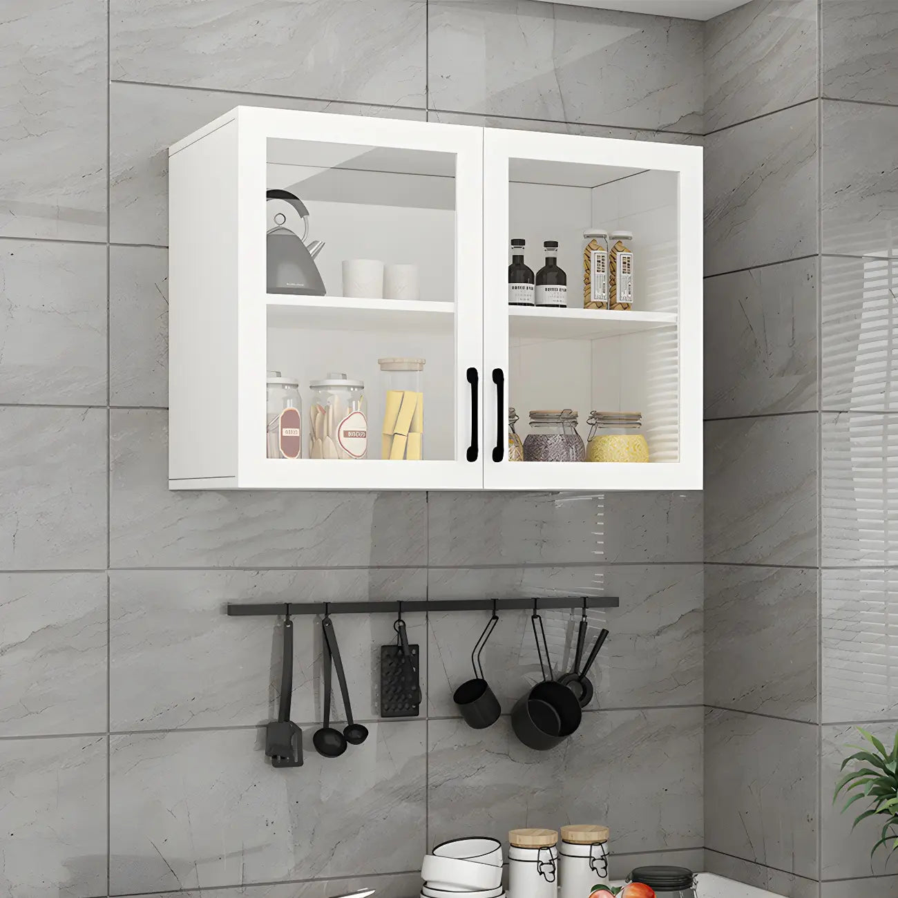 White Rectangular Wall-Mounted Wood China Cabinet