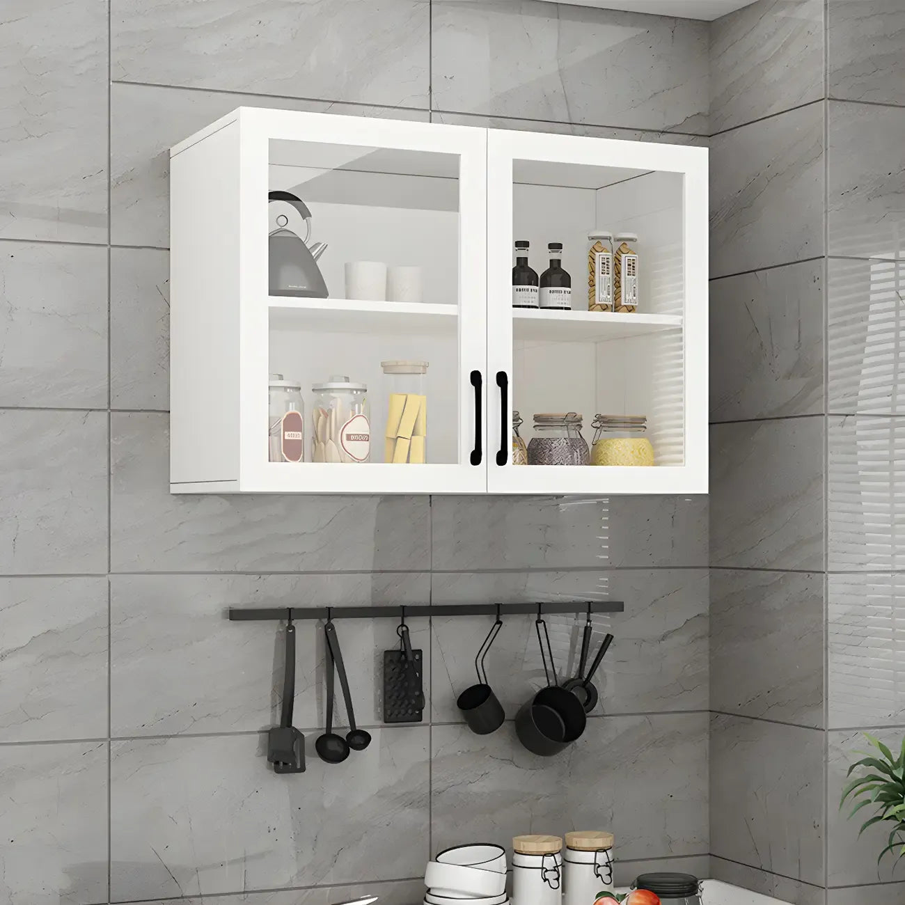White Rectangular Wall-Mounted Wood China Cabinet