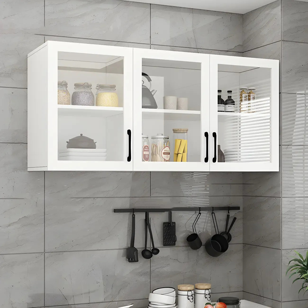 White Rectangular Wall-Mounted Wood China Cabinet