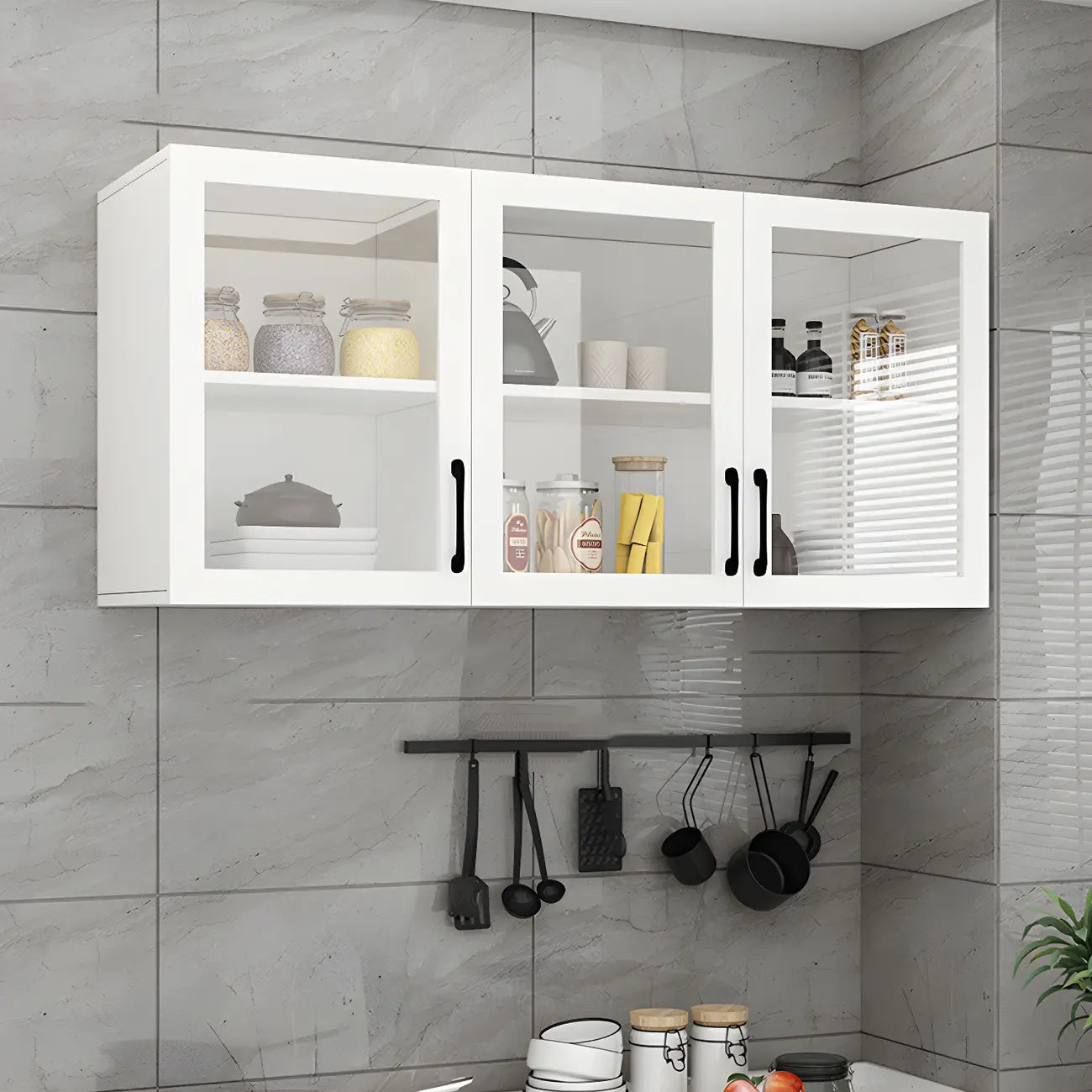 White Rectangular Wall-Mounted Wood China Cabinet