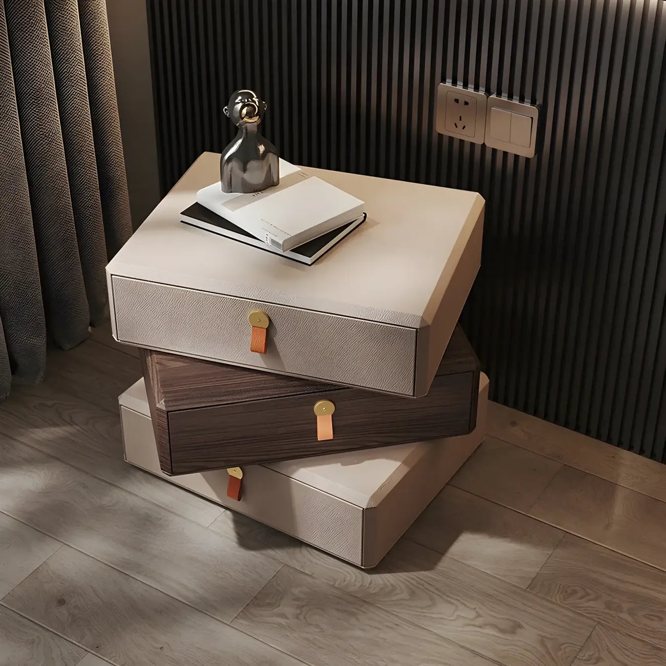 Stacked Beige Wood 3 Drawers Narrow Nightstand